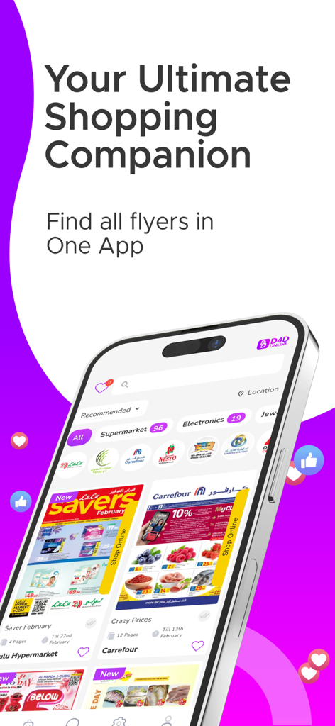 D4D Shopping Offers & Coupons - D4D Shopping App-Oberfläche mit Supermarkt- und Elektronik-Prospekten