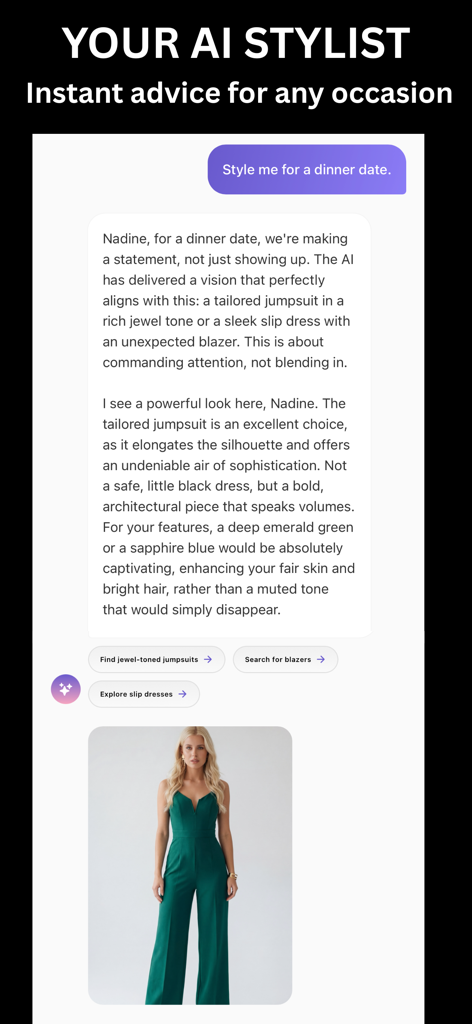 FashionVue - Screenshot of the FashionVue app showing a chat interface where an AI stylist provides dinner date outfit recommendations including a jewel toned jumpsuit