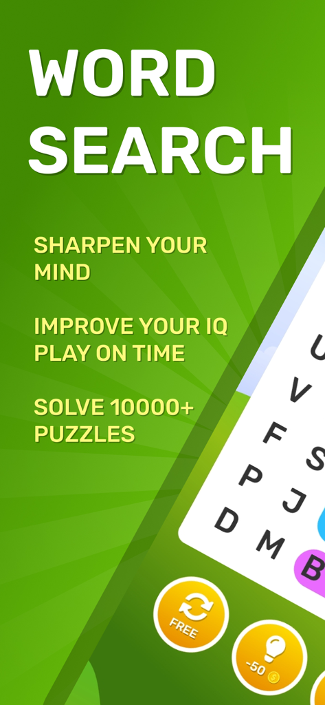 Word Search: Crossword Puzzle. - Interfaz del juego de sopa de letras con lemas de entrenamiento cerebral y una cuadrícula de letras de crucigrama.