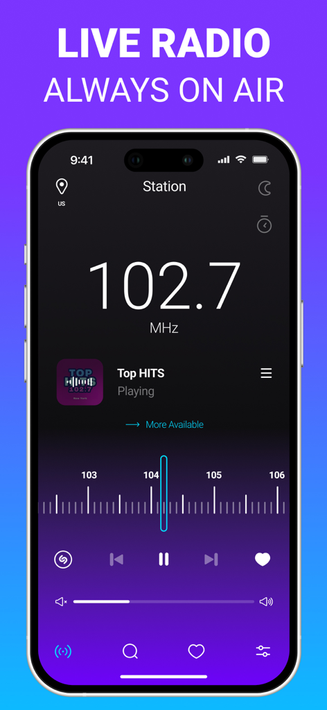 Radio FM & AM: All Stations - 수동 튜닝 다이얼과 실시간 방송 중인 스테이션을 보여주는 FM/AM 라디오 앱 인터페이스.