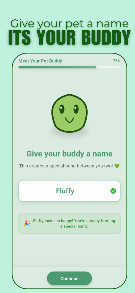 Snapmunch - A screenshot of the Snapmunch app showing a cute green virtual pet and an option to give it a name.