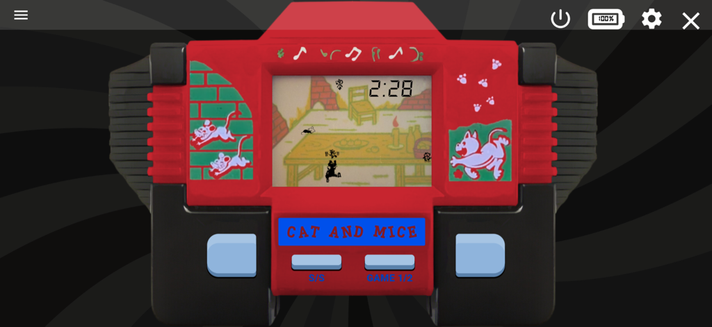 Mini Games Retro 90's - Une console portable virtuelle rouge jouant au jeu rétro Chat et Souris.