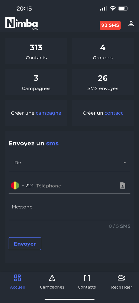 Nimba SMS - Nimba SMS app home screen featuring a professional dashboard with contact statistics and a message sending form
