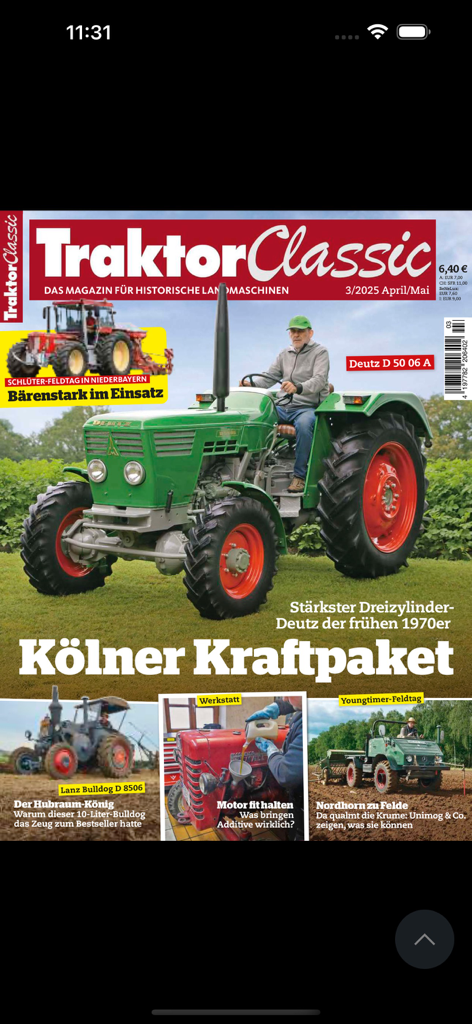 빈티지 녹색 Deutz 트랙터를 특징으로 하는 Traktor Classic 잡지 표지