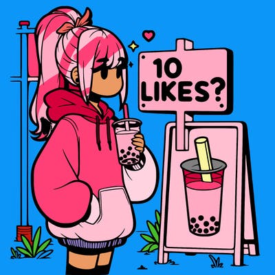 girl with oversized hoodie drinking boba and she has a high ponytail with a sign that says 10likes?