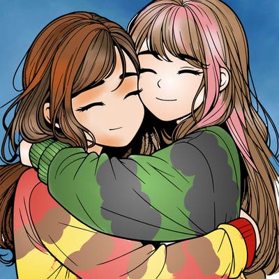 realistic two girls hugging