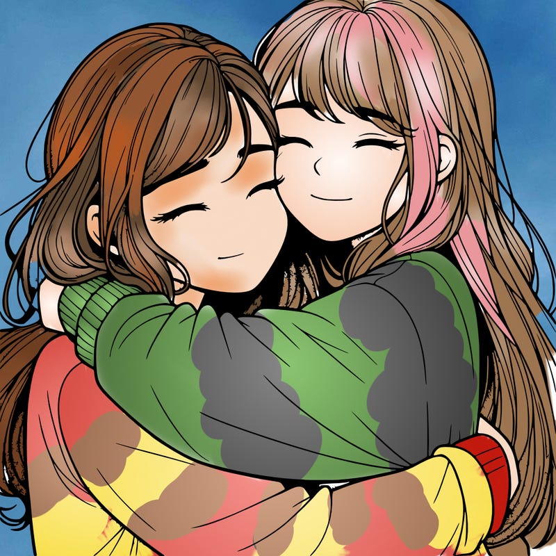 realistic two girls hugging