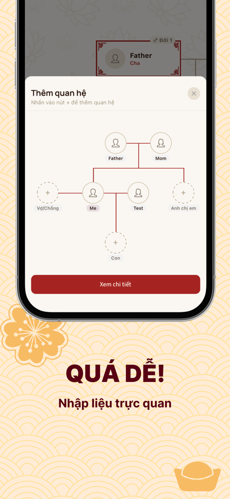 Kintree - Family Tree - Screenshot of Kintree app showing the intuitive family relationship diagram for adding new family members in Vietnamese