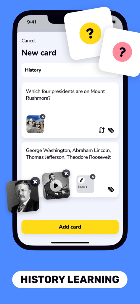 Flashcards Maker: Study Clever - Erstellung einer Geschichtskarteikarte über die Mount Rushmore-Präsidenten mit Bild- und Audiohinweisen
