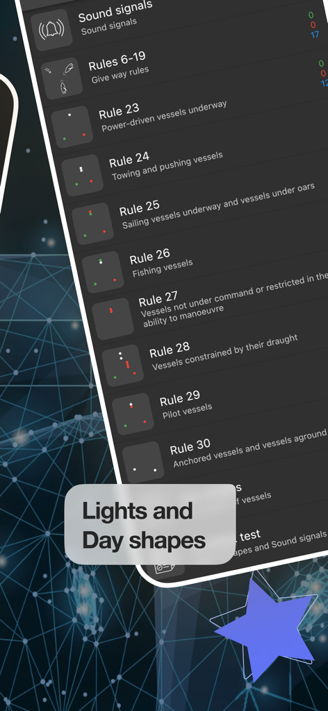 COLREG 72 app interface showing a list of rules for maritime lights and day shapes.