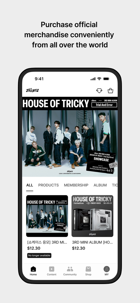TOKTOQ - Interface de la boutique de l'application TOKTOQ montrant les produits dérivés et les albums officiels de xikers