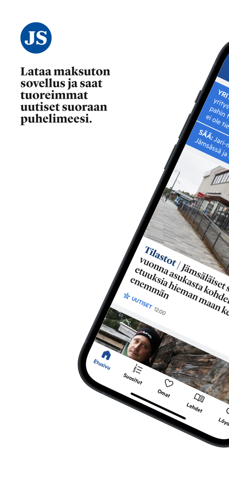 iPhone displaying the Jämsän Seutu local news app feed with Finnish text and news headlines