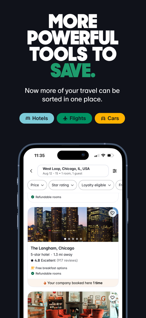 Engine Corporate Travel - Engine Corporate Travel app interface showing hotel search results for Chicago with booking options for hotels flights and cars