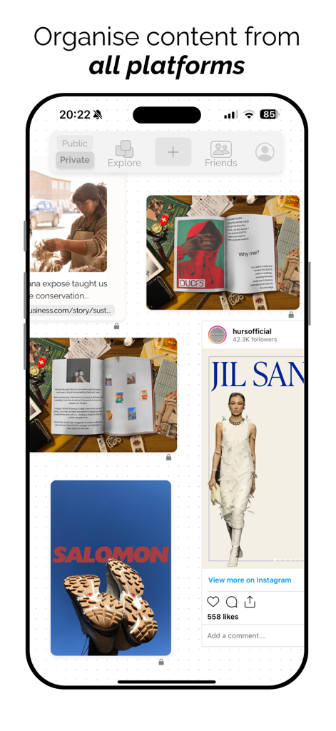 Showcase Co. - Visual moodboard interface in the Showcase Co app featuring curated content from social media and web platforms.