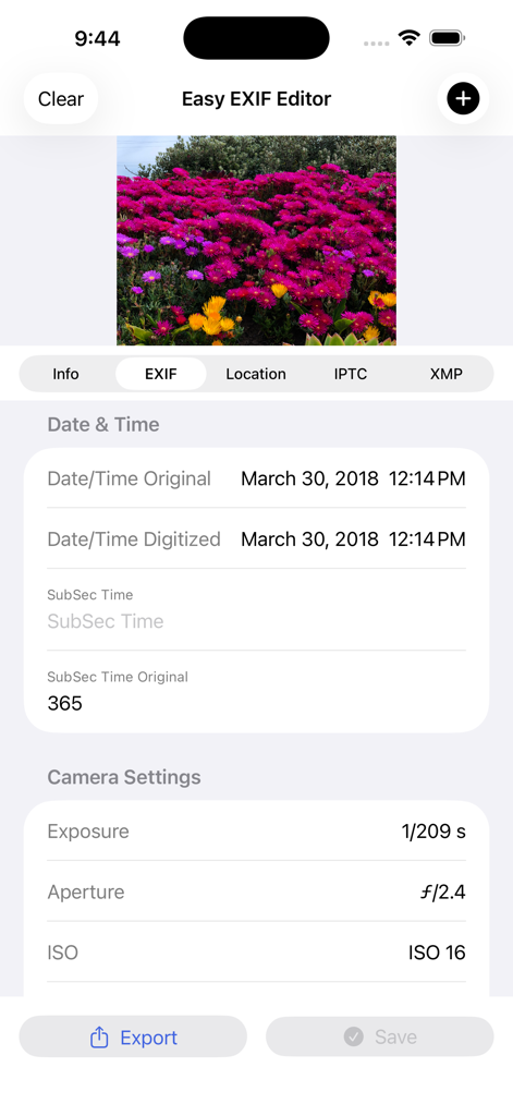 Easy Exif Editor - Interface of Easy EXIF Editor showing photo metadata including camera settings like exposure aperture and ISO