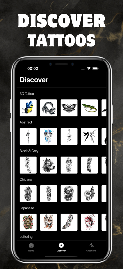 AI Tattoo Maker - Ink Hunter - Discover screen of the AI Tattoo Maker app showing various tattoo styles like 3D, Abstract, and Japanese designs.