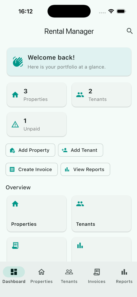 SmartCart：House Rental - SmartCart House Rental dashboard showing a portfolio overview with property and tenant counts