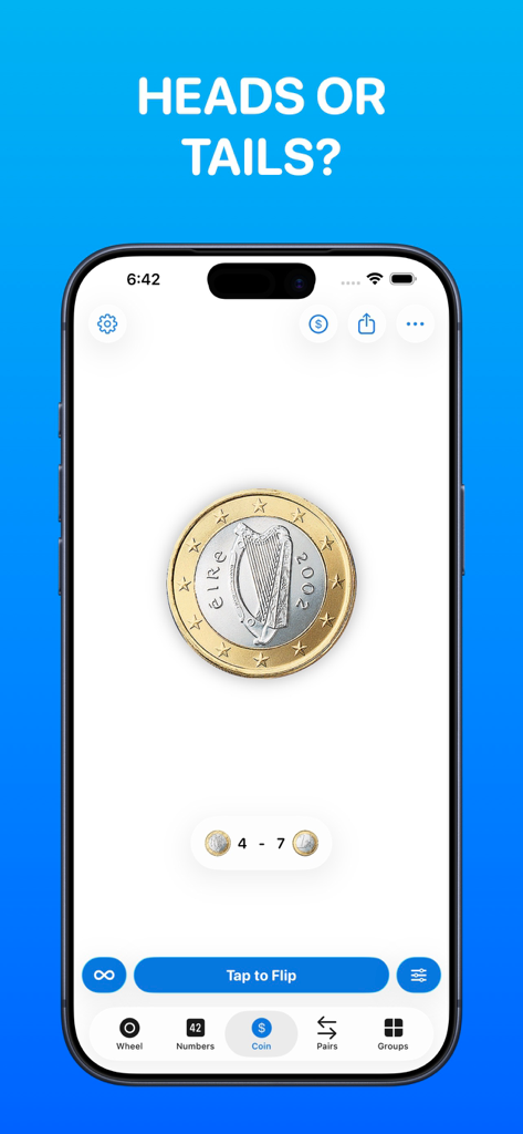 Wheel Spinner - Pick Me - Digital coin flip screen in the Pick Me app for making quick decisions