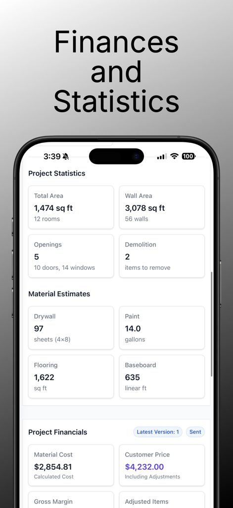 EasyEstimate - Cost Estimation - Dashboard view of EasyEstimate app showing project statistics, material estimates, and financial breakdowns for a construction job.