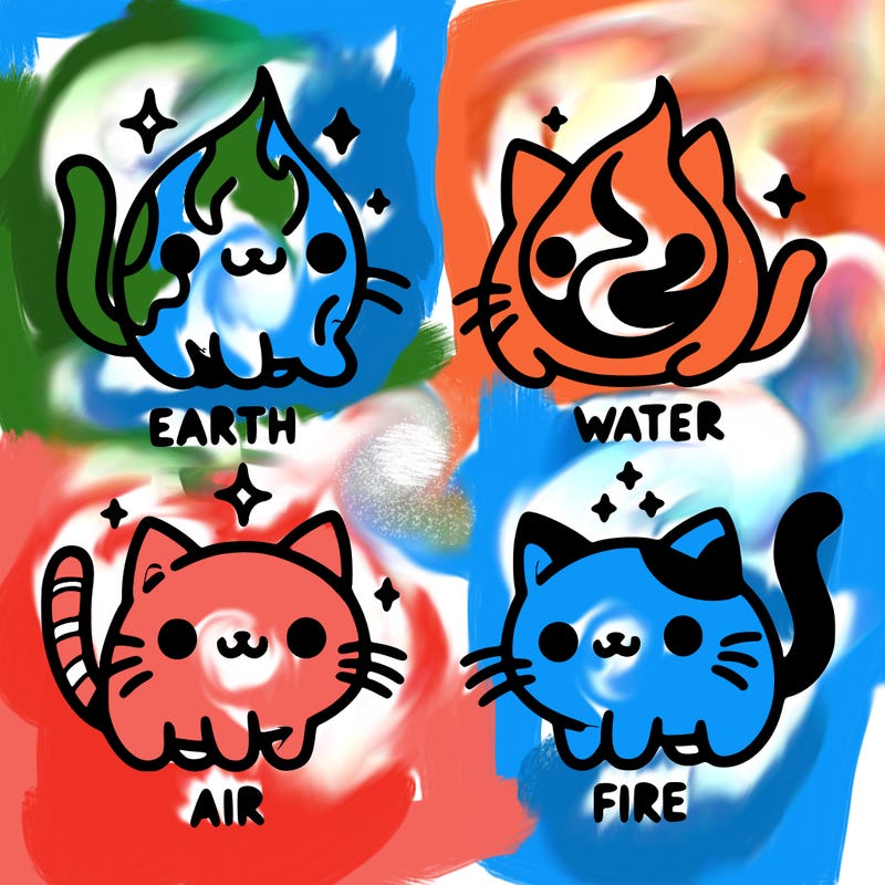 4 cats that represent the different elements, earth, water, air, and fire