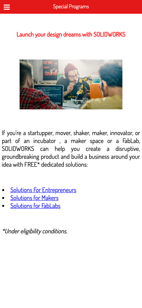 メーカーと起業家向けのSOLIDWORKS Educationアプリの特別プログラムページ