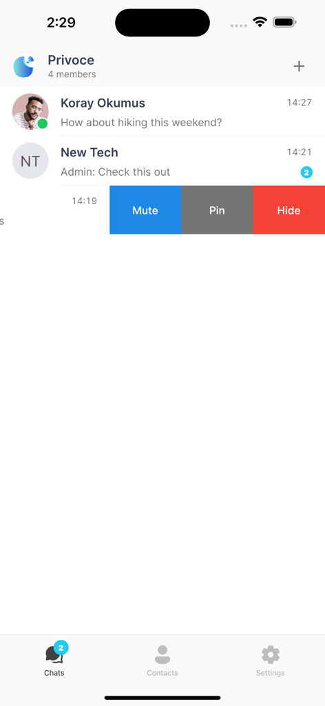 VoceChat - VoceChat interface showing a list of private messages and swipe actions to mute pin or hide chats