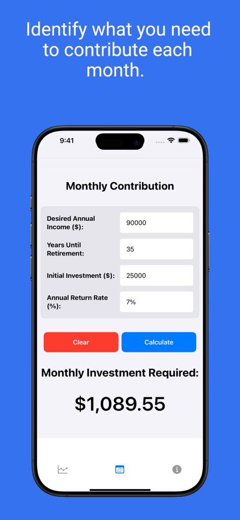 「リタイア計画」アプリの月次拠出金計算ツールで、貯蓄目標と必要な月次投資額が表示されている。