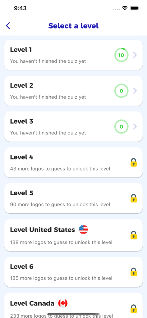 La pantalla de selección de nivel de la aplicación Logo Quiz que muestra varios niveles, incluidos los niveles temáticos de Estados Unidos y Canadá.