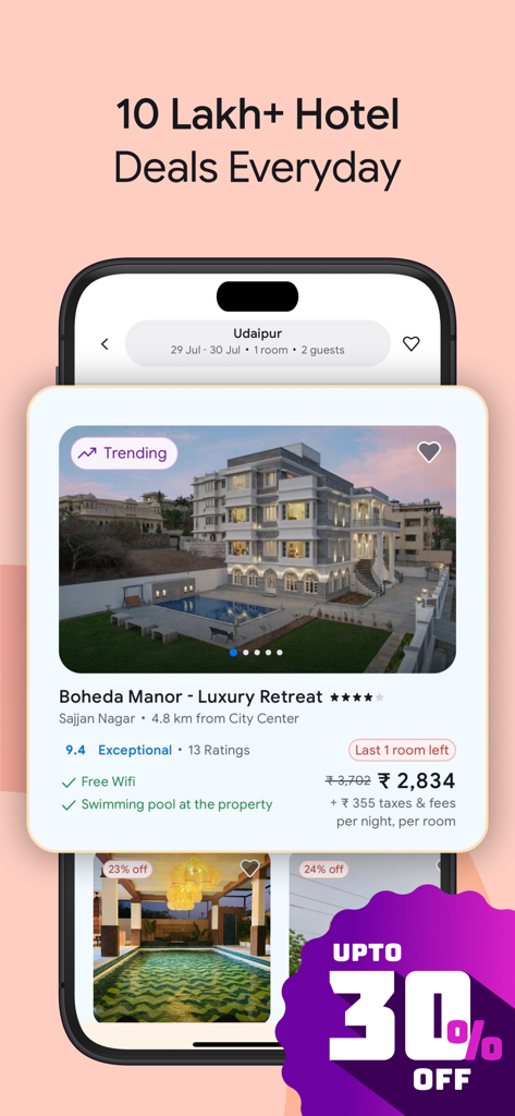 Ixigo app screen displaying luxury hotel deals in Udaipur with a 30 percent discount badge