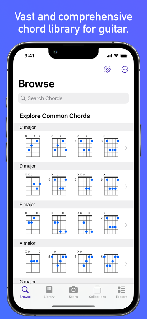 GtrLib Chords - A mobile interface for GtrLib Chords showing various guitar chord diagrams for common keys like C major and D major.