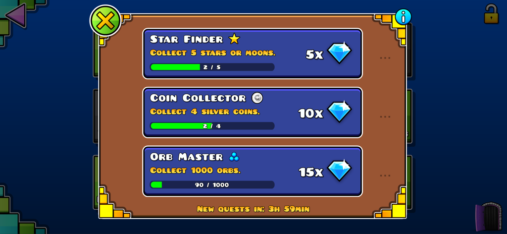 Geometry Dash - Geometry Dash quest screen showing Star Finder and Coin Collector challenges with diamond rewards