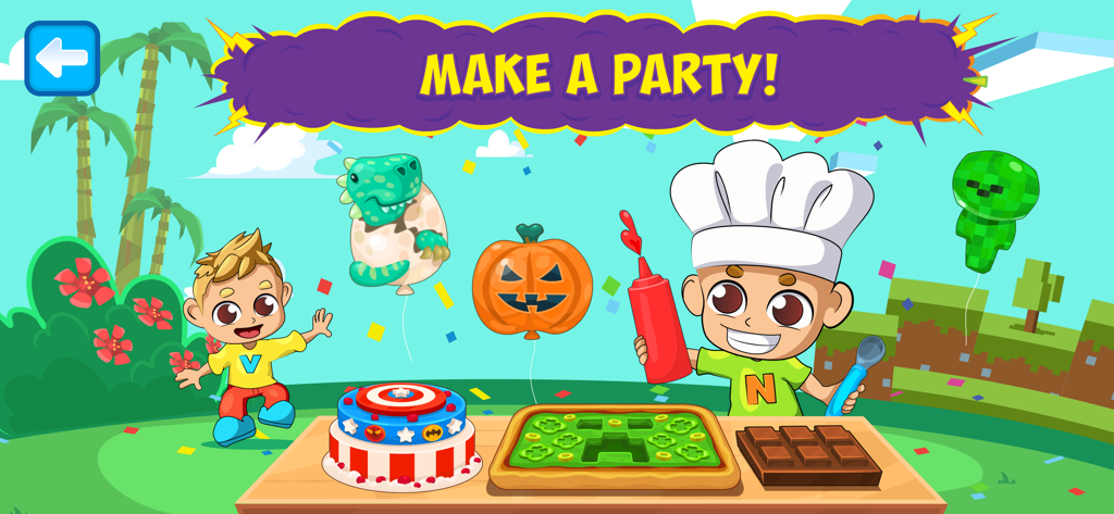 Vlad & Niki Cooking Pizza Game - Vlad and Niki characters preparing a themed party with cake and pizza