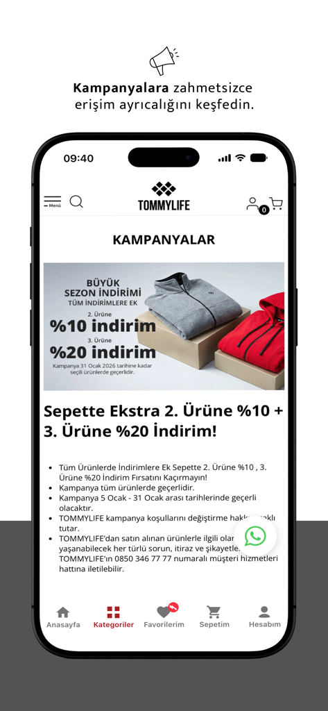Écran des campagnes de l'application mobile TOMMYLIFE montrant des réductions sur les vêtements de sport saisonniers et des ventes promotionnelles