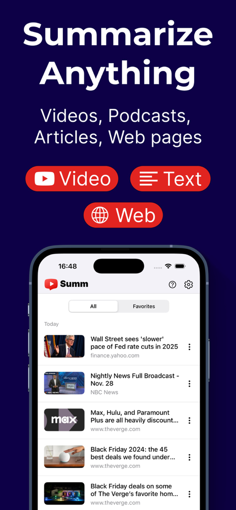 AI Summary for Youtube Video - Interface of the Summ app showing AI summaries for videos, text, and web content