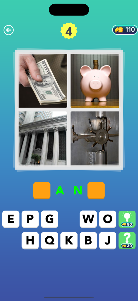 4 Pics: What's the Word? - Un nivel de adivinanza de palabras mostrando cuatro imágenes de dinero y un edificio bancario.