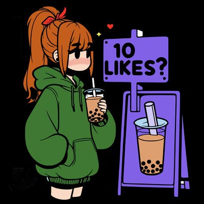 girl with oversized hoodie drinking boba and she has a high ponytail with a sign that says 10likes?