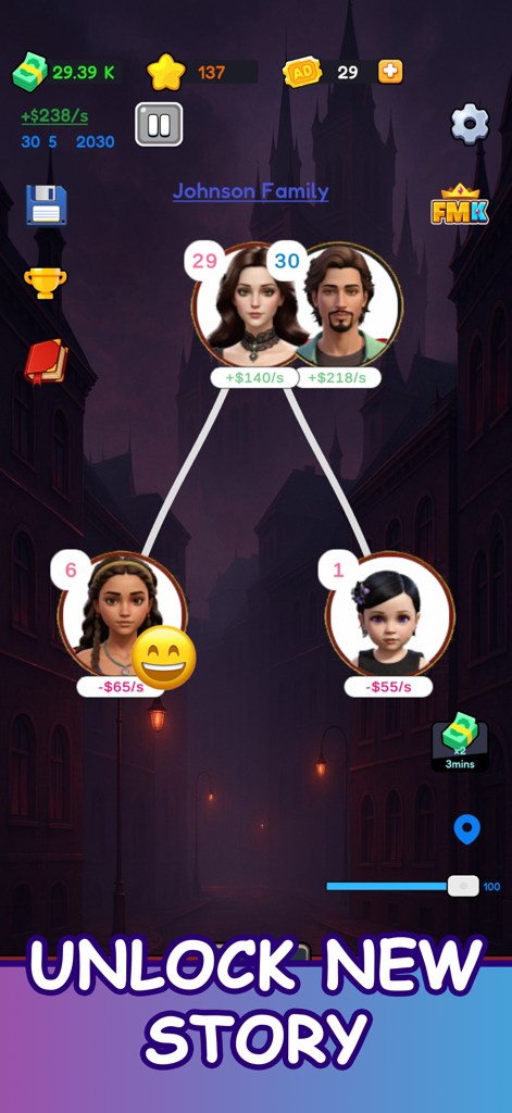 Family Sim: Life Simulator - Gameplay-Screenshot von Family Sim, der einen Stammbaum mit Eltern und Kindern zeigt