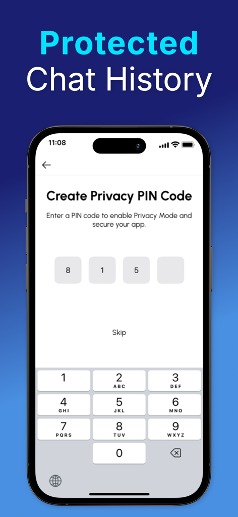 Chat+ AI: Safe & PIN-Protected - Setup screen for creating a privacy PIN code to protect chat history in the Chat plus AI app