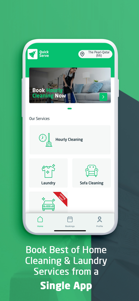 Quick Serve(Quick Maid) - Mobile app interface of Quick Serve showing cleaning and laundry service booking options