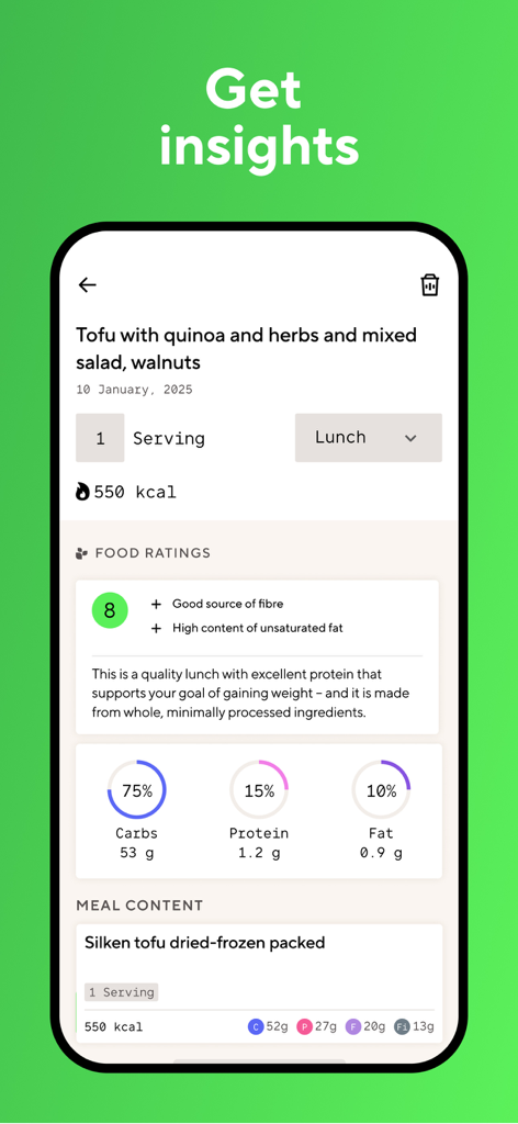 Lifesum app interface showing a nutritional breakdown and food quality rating for a tofu and quinoa lunch meal
