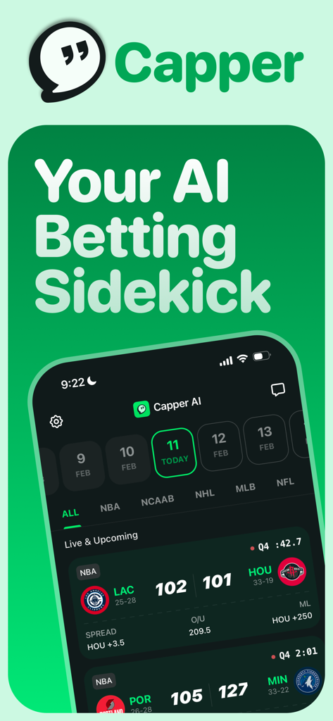 Capper: AI Sports Betting - Capper AI sports betting app interface showing live NBA scores and odds