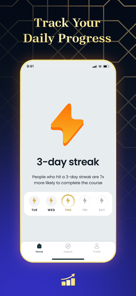 AyahPath Daily: Learn Quran - Una pantalla de la aplicación móvil AyahPath que muestra una notificación de racha de 3 días y un rastreador de progreso diario con iconos de rayo.