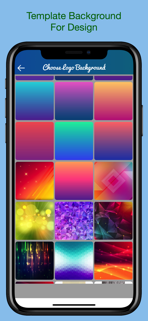 Logo Design Revo - A mobile interface showing a grid of colorful gradient and patterned logo background templates