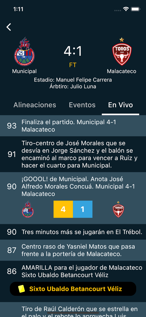 Live play-by-play updates and score for a Guatemalan soccer match between Municipal and Malacateco.