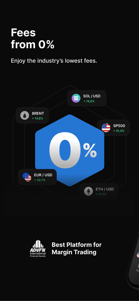 PrimeXBT App-Bildschirm mit 0 Prozent Handelsgebühren und verschiedenen Asset-Paaren, einschließlich Krypto und Forex