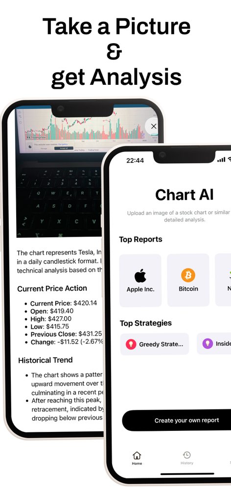 Pantallas de la aplicación móvil Trader AI mostrando análisis automatizado de gráficos de acciones e informes del mercado.