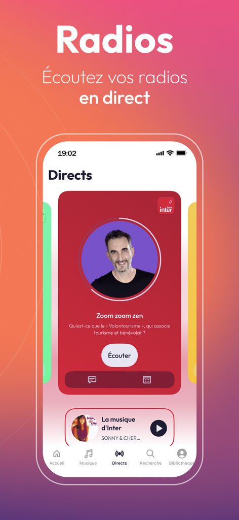 Radio France mobile app interface showing the live radio section with France Inter program