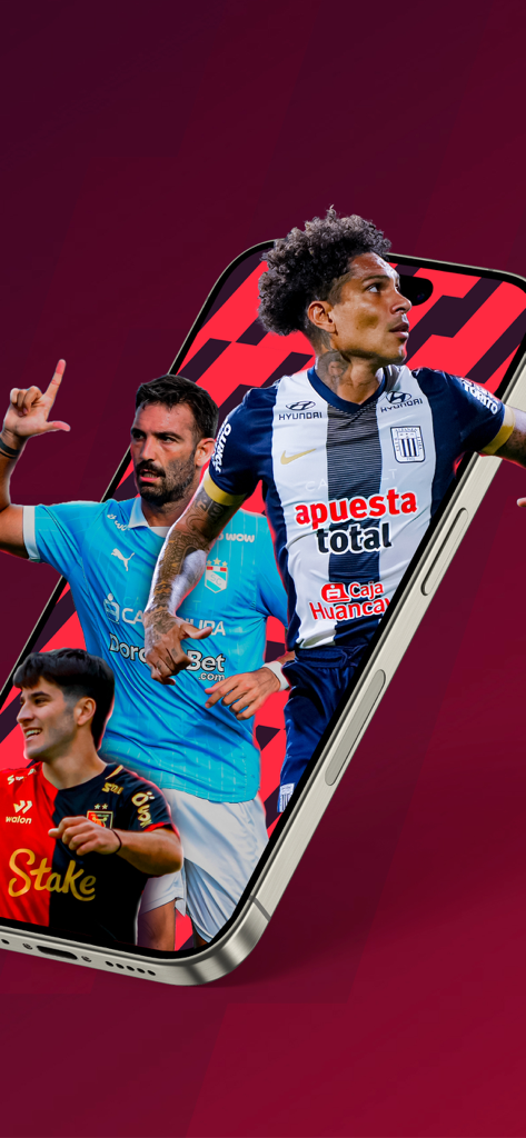 Jogadores de futebol peruanos da Liga 1 exibidos em um smartphone para o aplicativo de streaming L1 MAX.
