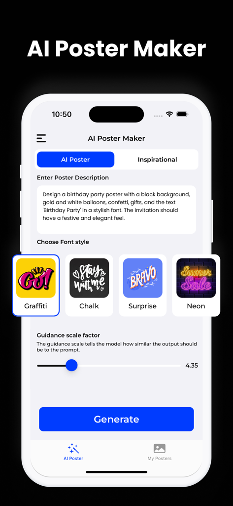 AI Poster Maker - Flyer Maker! - AI Poster Maker app interface with text prompt input and font style options for flyer creation.