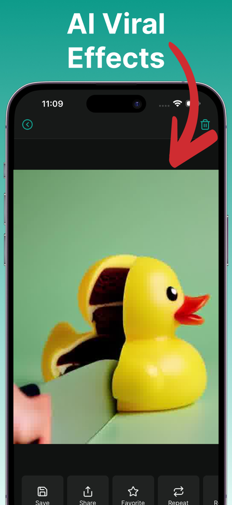 AI Video Generator app interface showing a viral effect of a rubber duck being sliced like a cake.
